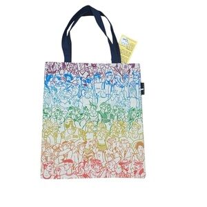 NWT Out Of Print Rainbow Crowd Print Tote Bag with Navy Handles